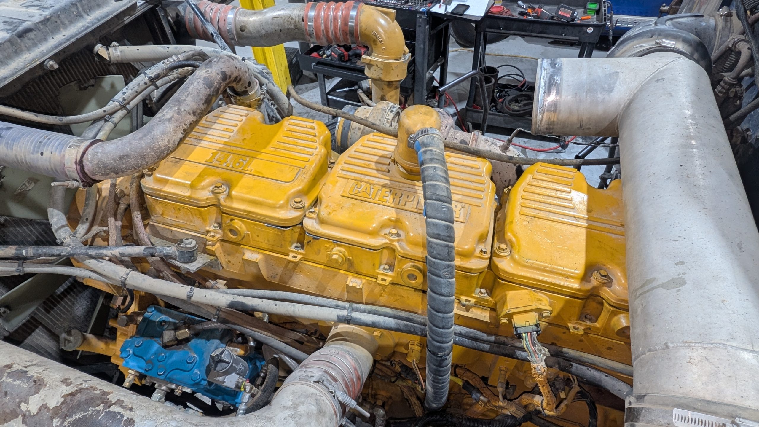 Caterpillar diesel engine in a truck at the Burnside shop